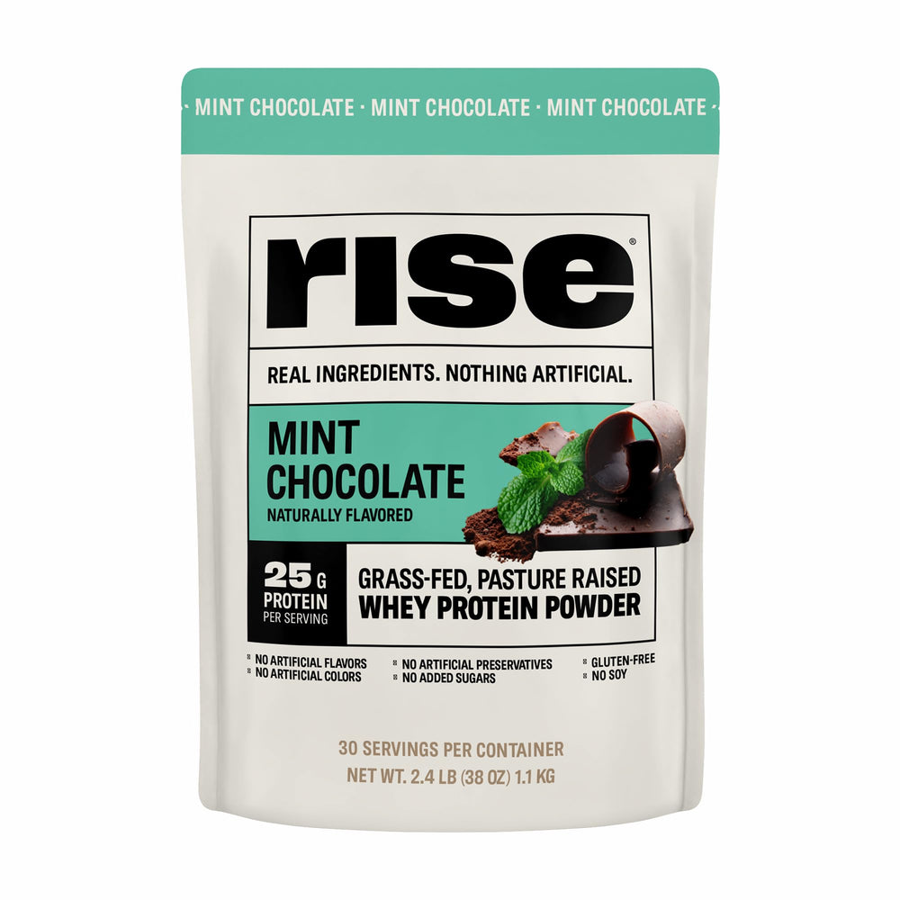 Rise Grass-Fed Whey Mint Chocolate bottle—premium protein for an active day.