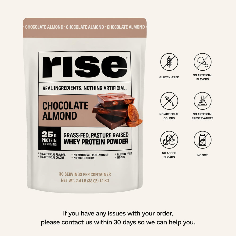 Rise Grass-Fed Whey packaging front communicates clean ingredients