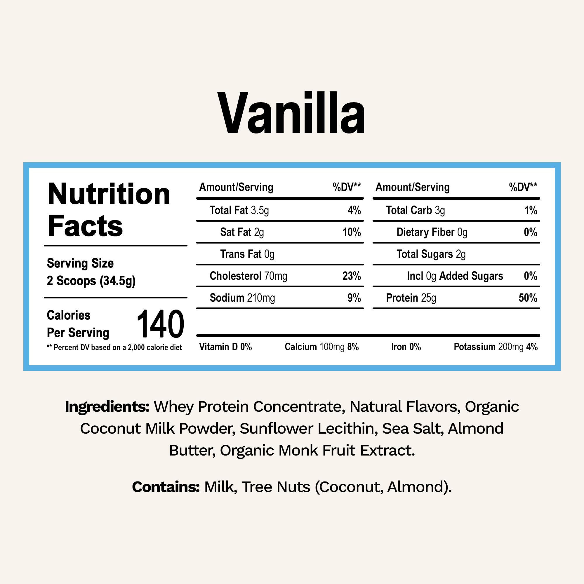 Rise Grass-Fed Whey Vanilla nutrition panel highlights 25 g protein and 0 sugar.