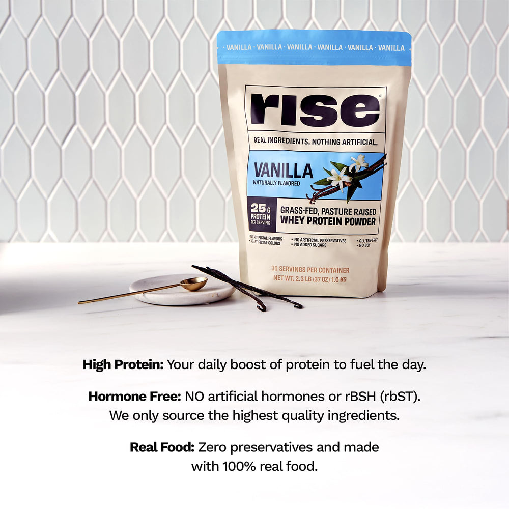 Rise Grass-Fed Whey Vanilla serving scoop for quick protein boosts.