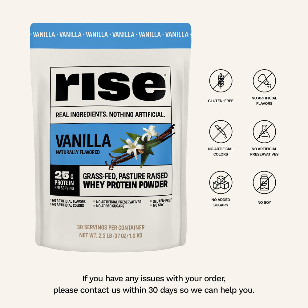 Rise Grass-Fed Whey Vanilla shaker cup, convenient mix during training sessions.
