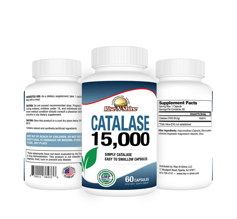 Rise-N-Shine catalase bottle back with dosage details for balanced health and vitality.