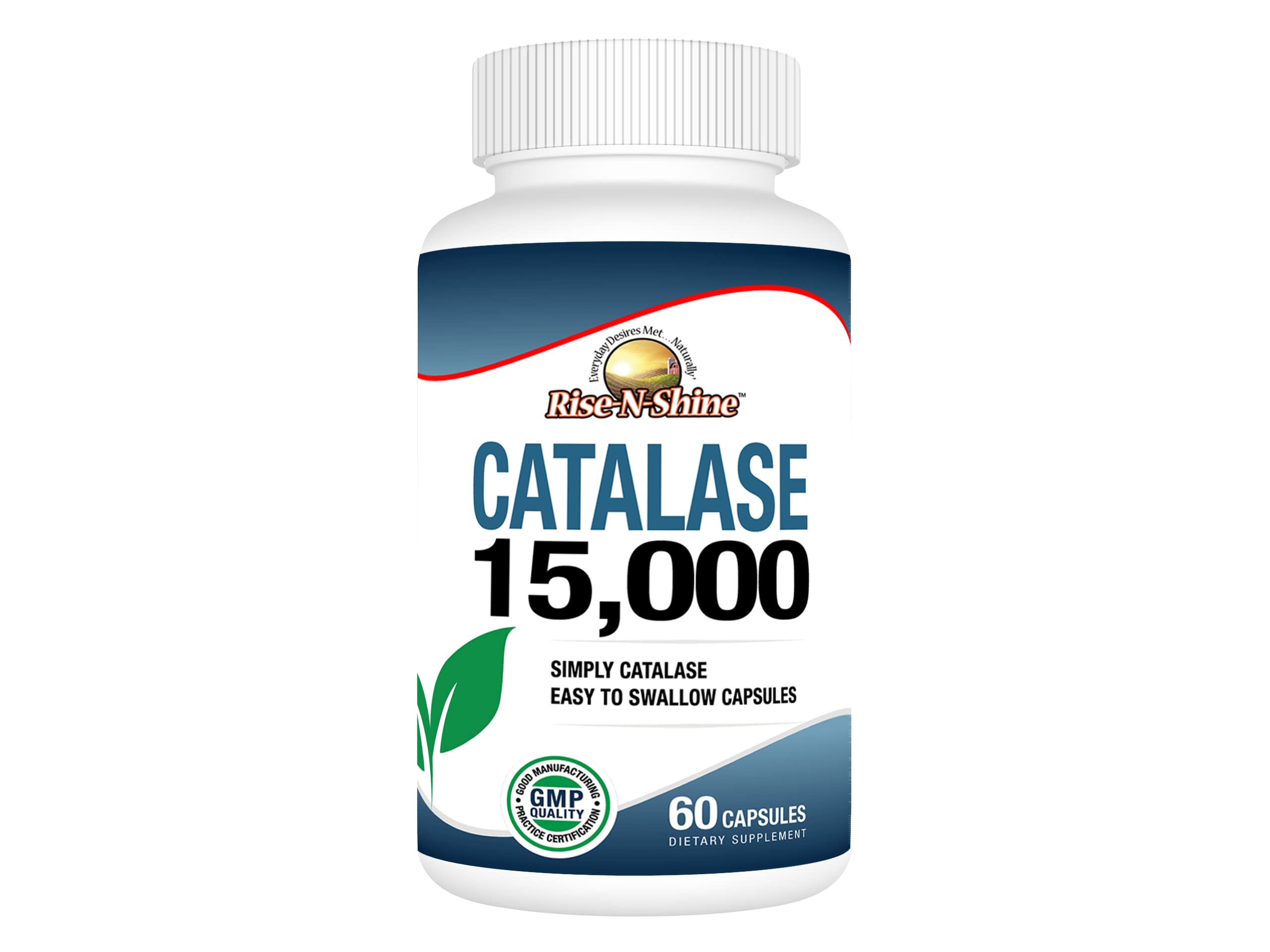 Rise-N-Shine catalase bottle front showing 15,000 U enzyme for daily antioxidant support and hair vitality.