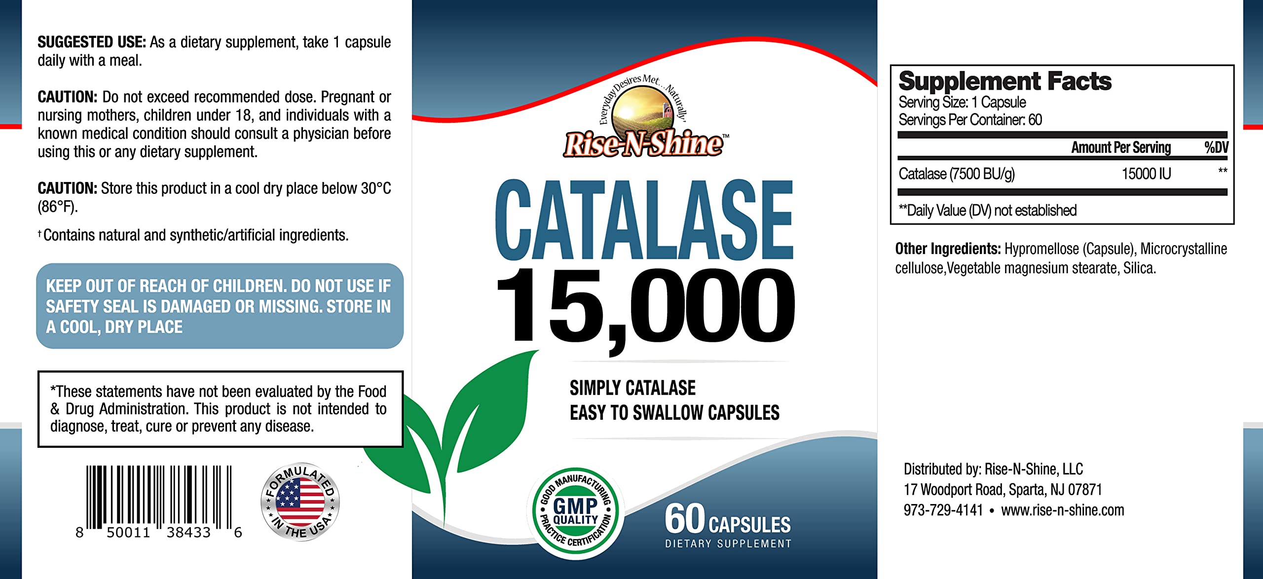 Rise-N-Shine catalase label detail zoom highlights enzyme strength and premium ingredients.