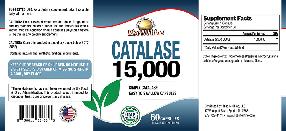 Rise-N-Shine catalase label detail zoom highlights enzyme strength and premium ingredients.