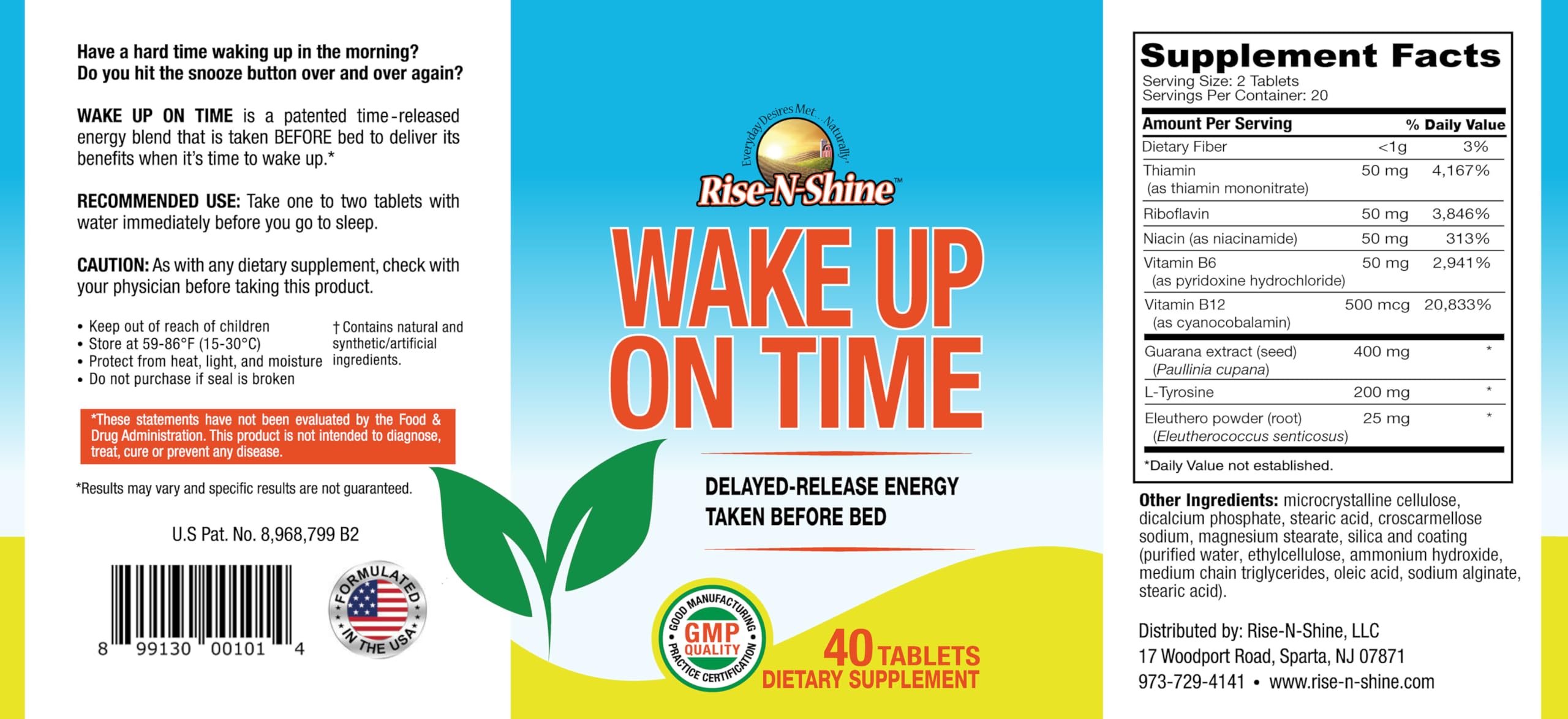 Rise-N-Shine Wake Up On Time bottle with glass signaling gradual morning energy