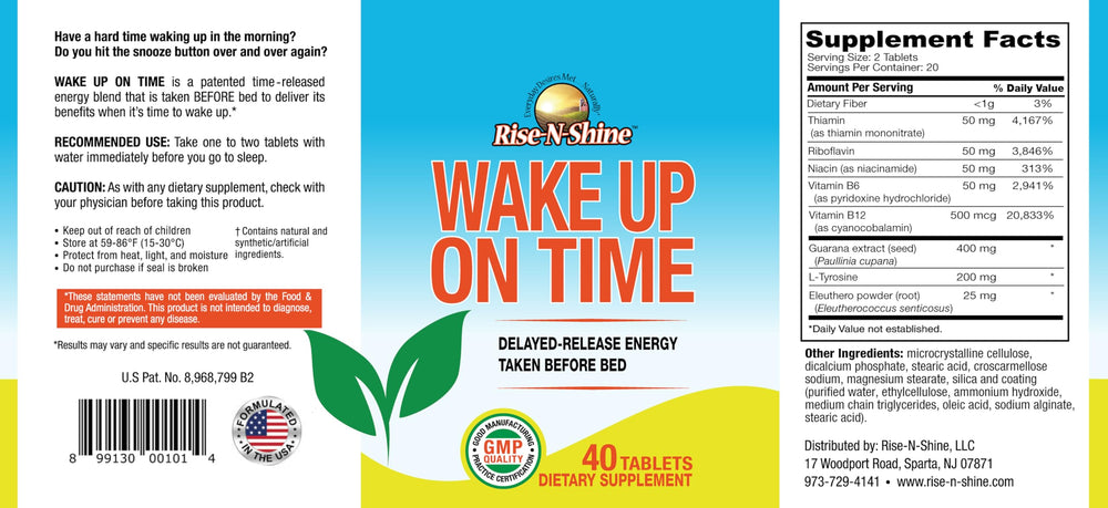 Rise-N-Shine Wake Up On Time bottle with glass signaling gradual morning energy