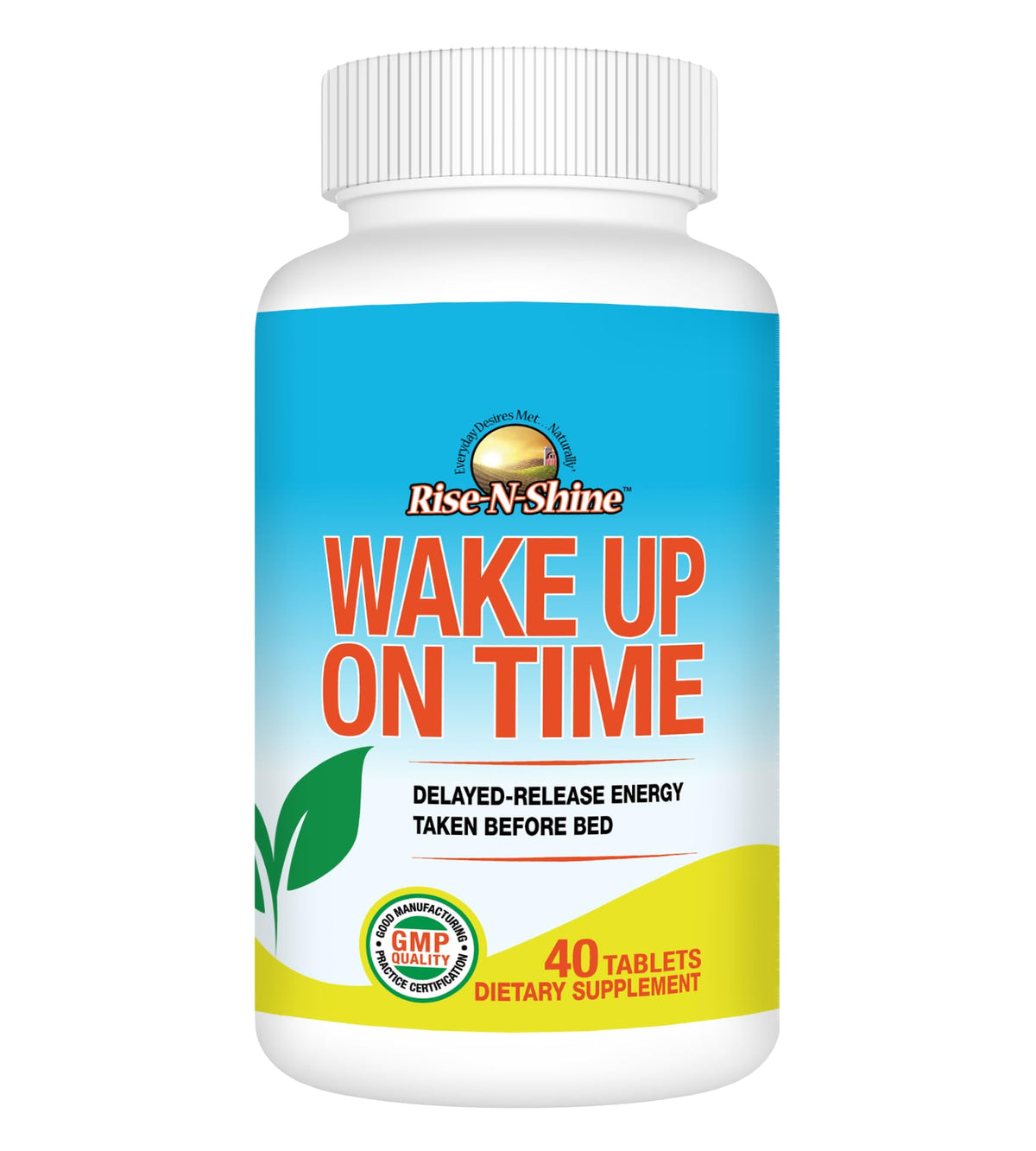 Rise-N-Shine Wake Up On Time bottle on nightstand suggests a smooth morning routine