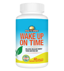 Rise-N-Shine Wake Up On Time bottle on nightstand suggests a smooth morning routine