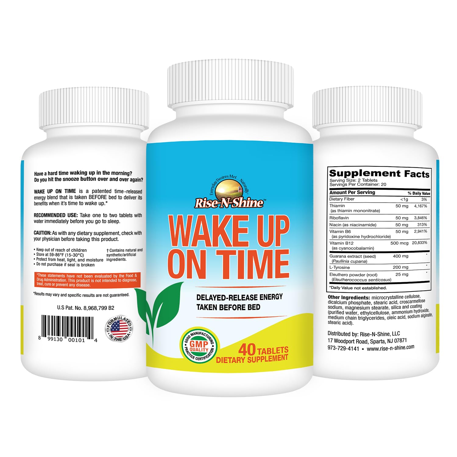 Wake Up On Time tablets closeup showing easy-to-take capsules for mornings