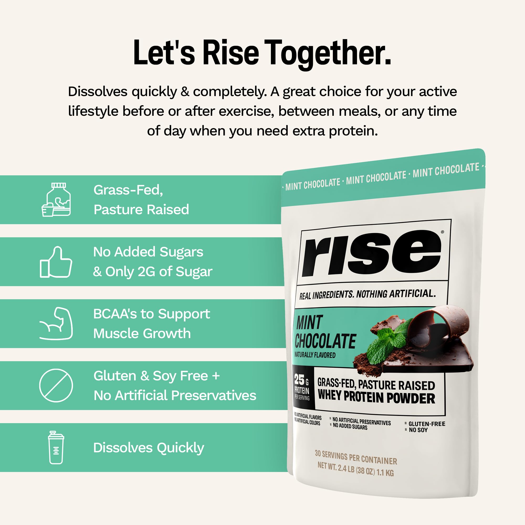 Rise New Zealand grass-fed whey—high-quality protein source.