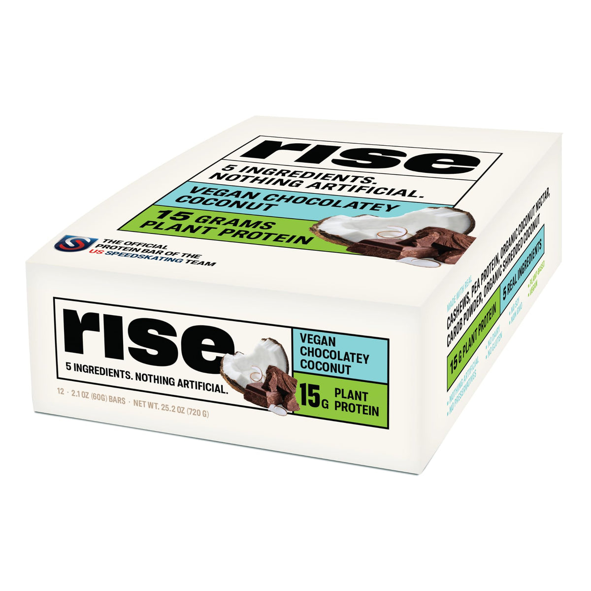 Rise Pea Protein Bar Chocolately Coconut packaging highlights simple 5-ingredient recipe.