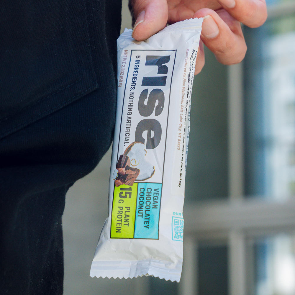 Vegan-friendly Rise Bar Chocolately Coconut fits plant-based snacking needs.