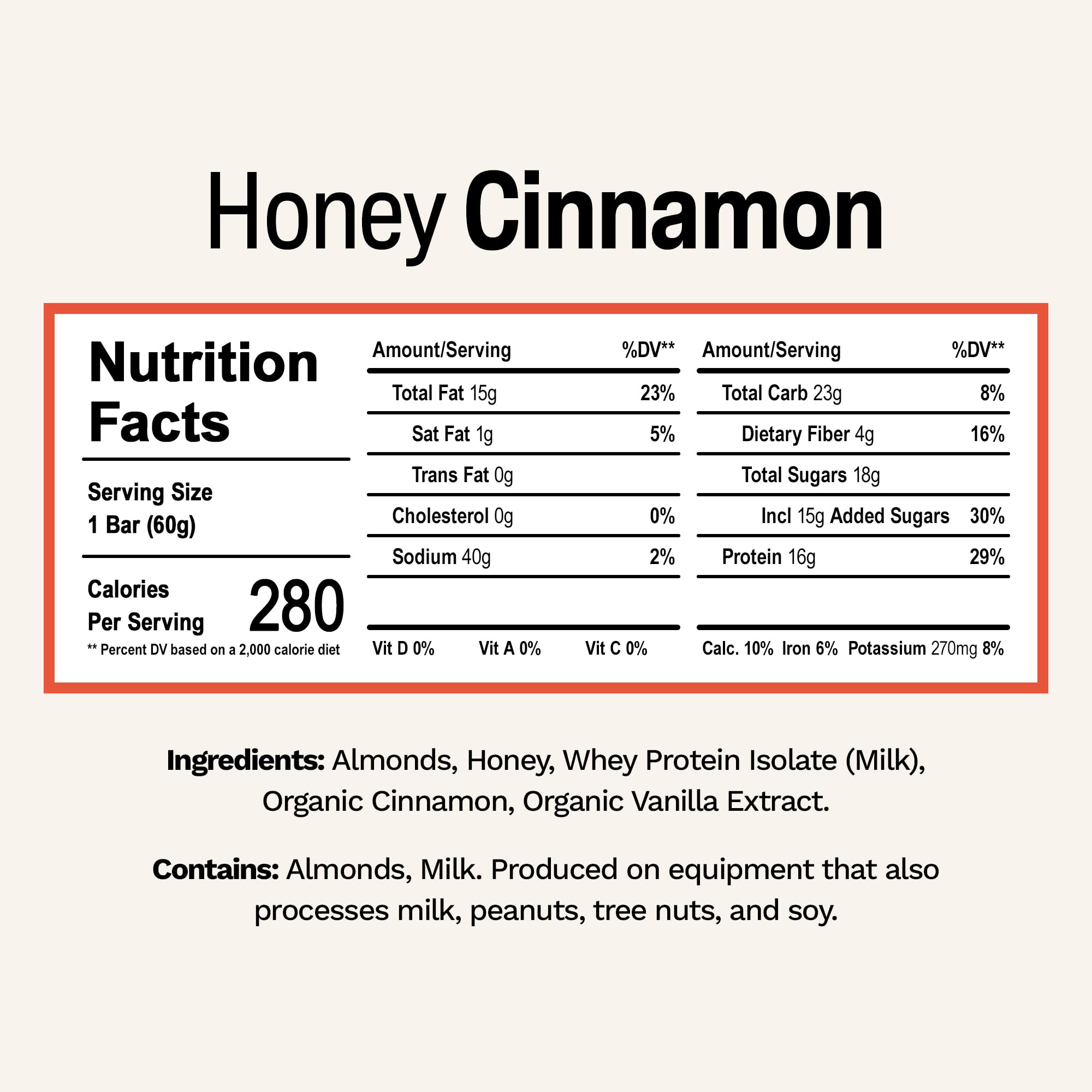 Rise honey cinnamon whey bar front view highlights 18g protein for post-workout recovery.