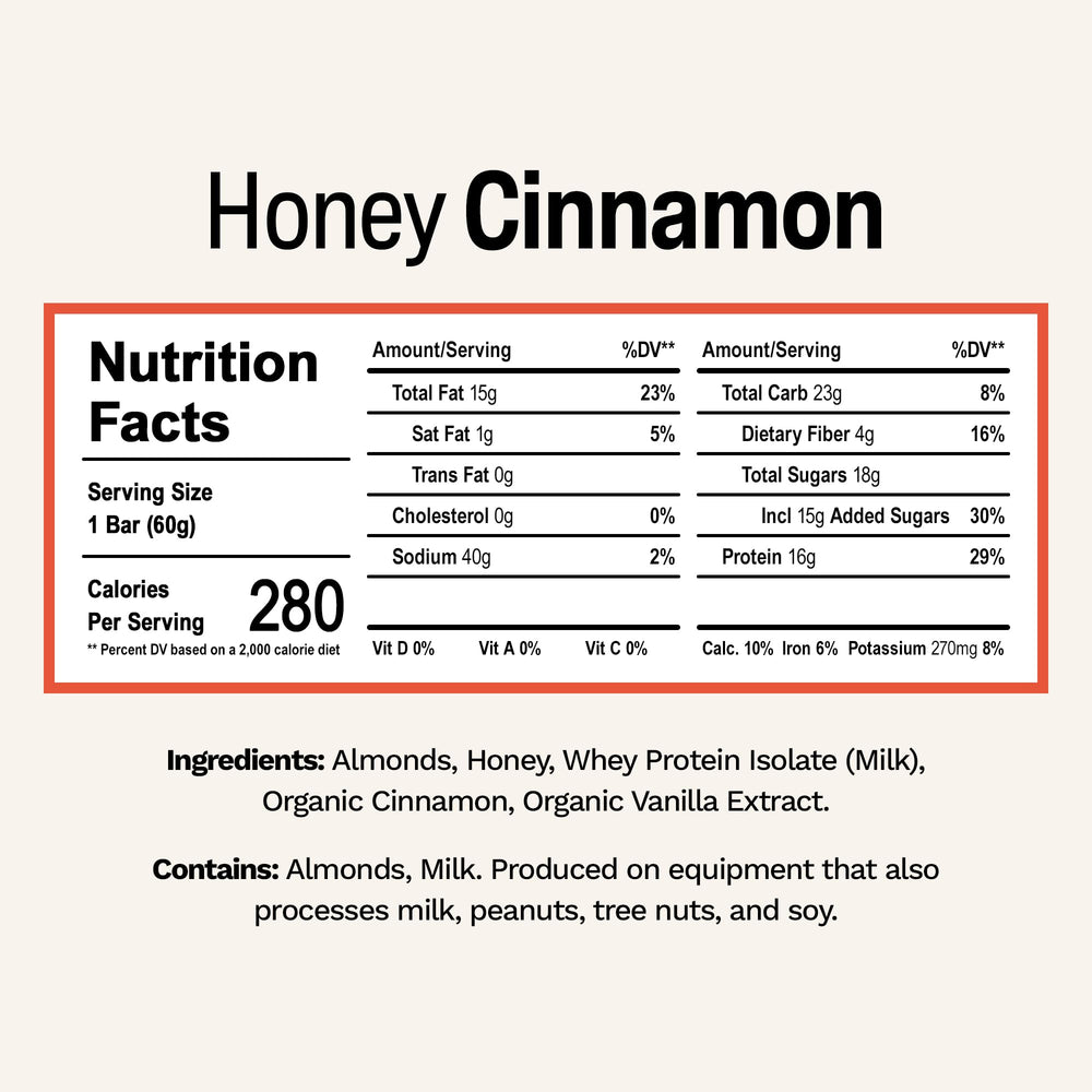 Rise honey cinnamon whey bar front view highlights 18g protein for post-workout recovery.