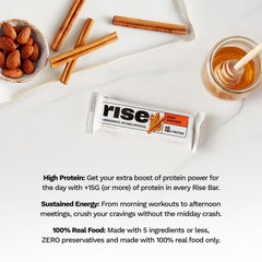 Rise whey bar honey cinnamon nutrition panel highlights gluten-free and soy-free attributes.