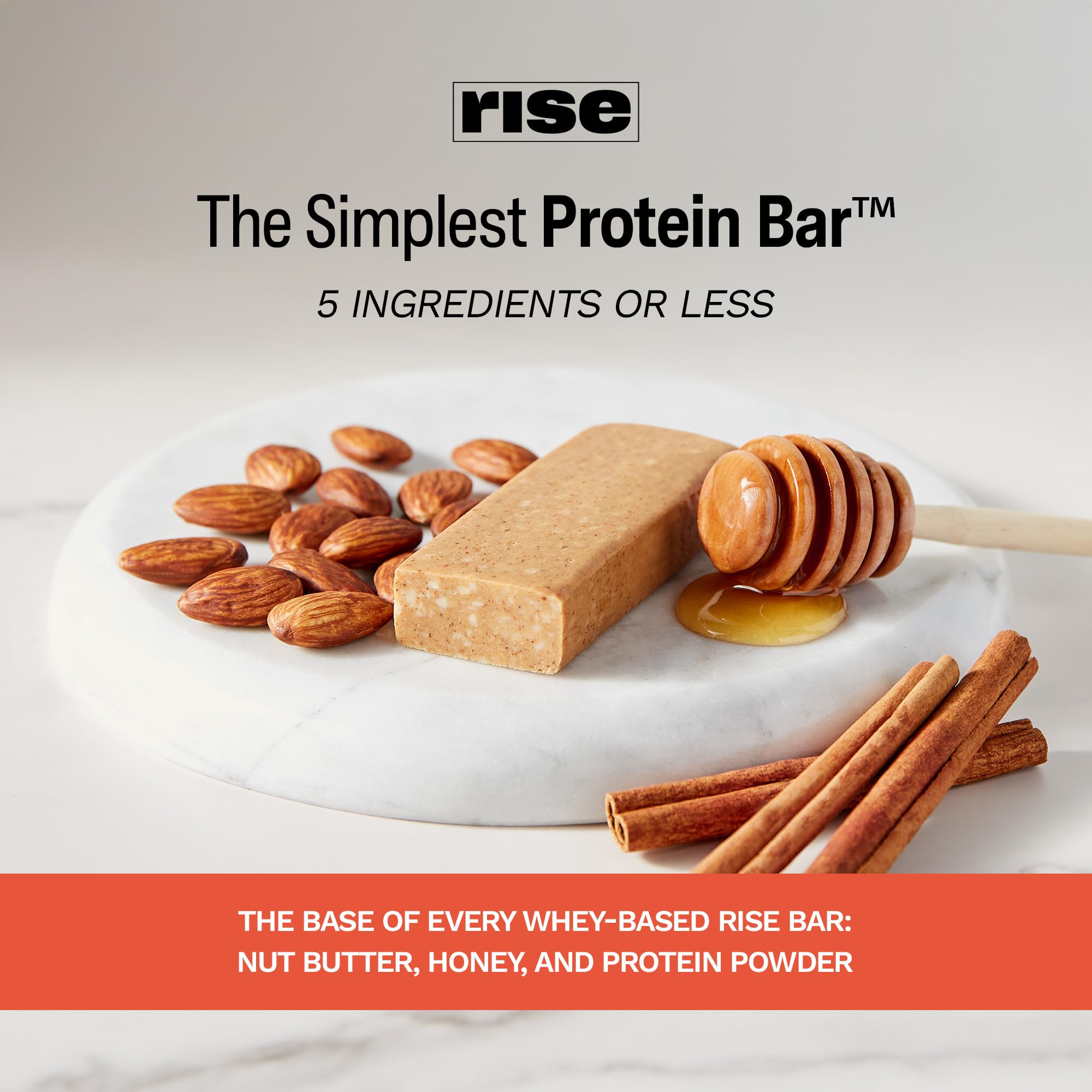 Rise whey bar honey cinnamon on breakfast plate suggests a balanced morning meal.