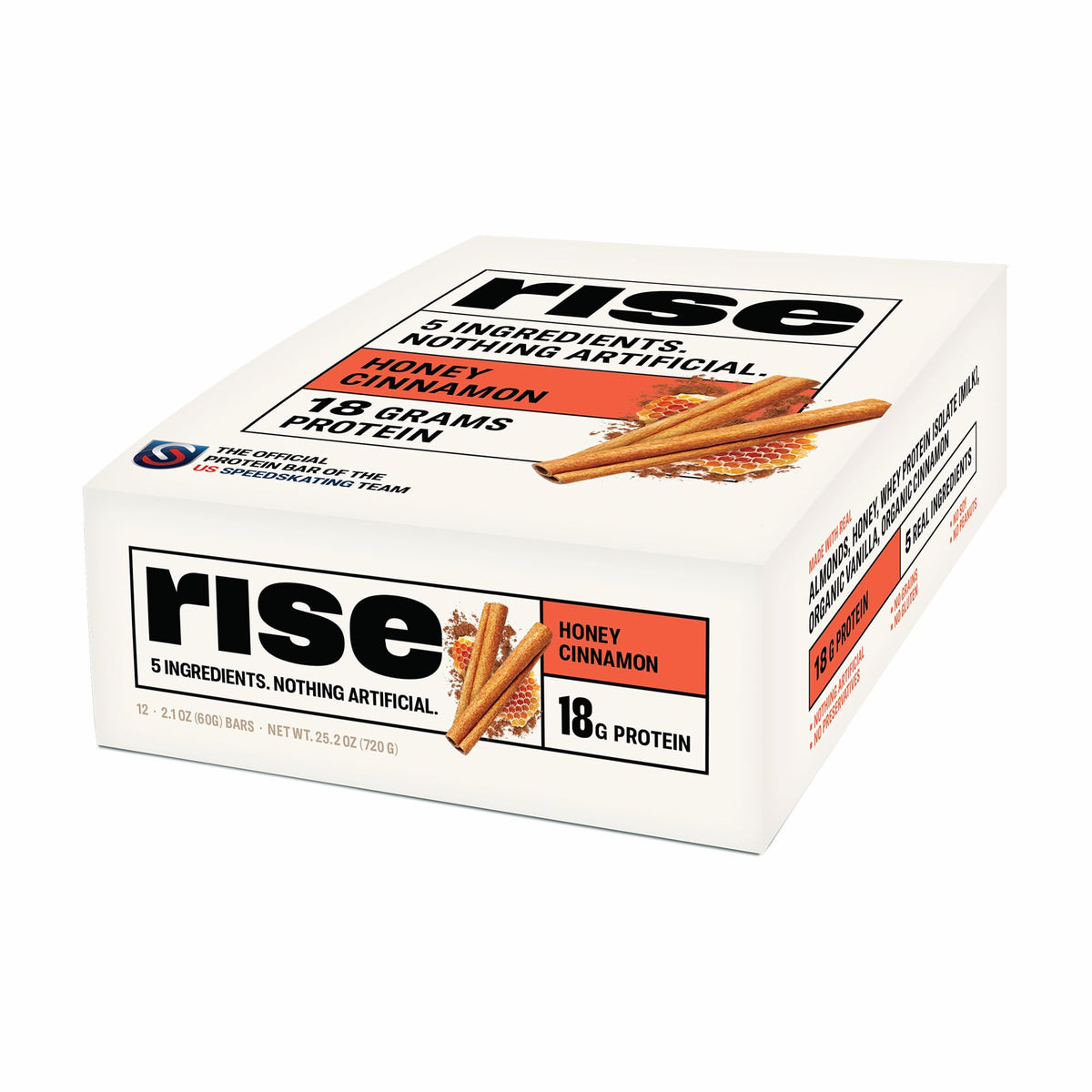 Rise whey bar honey cinnamon packaging ideal for on-the-go nutrition.