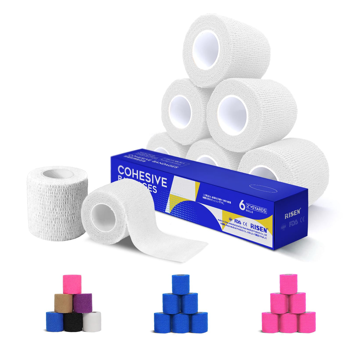 RISEN banda cohesiva 2x5 pulgadas: seis rollos para vendajes versátiles en deporte.