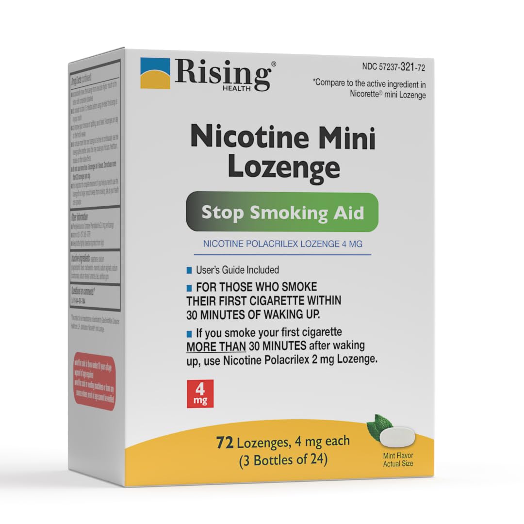 Rising Health nicotine mini lozenge pack shows mint flavor for craving relief.