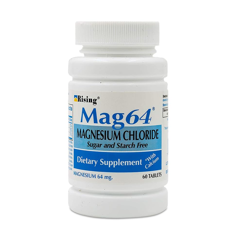 Rising Mag64 bottle-front highlights daily mineral support with calcium.