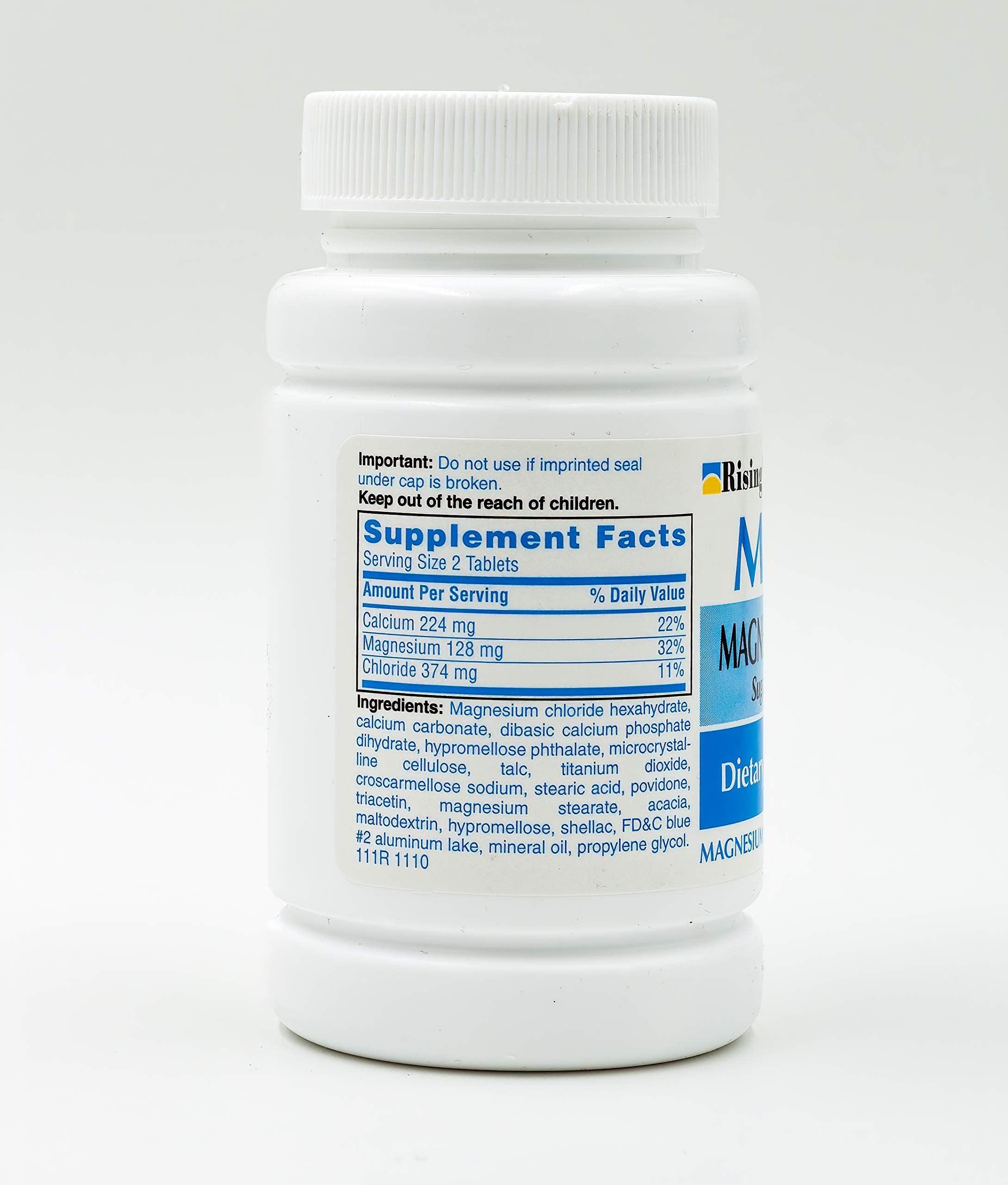 Rising Mag64 bottle-pour demonstrates easy daily intake for magnesium calcium.