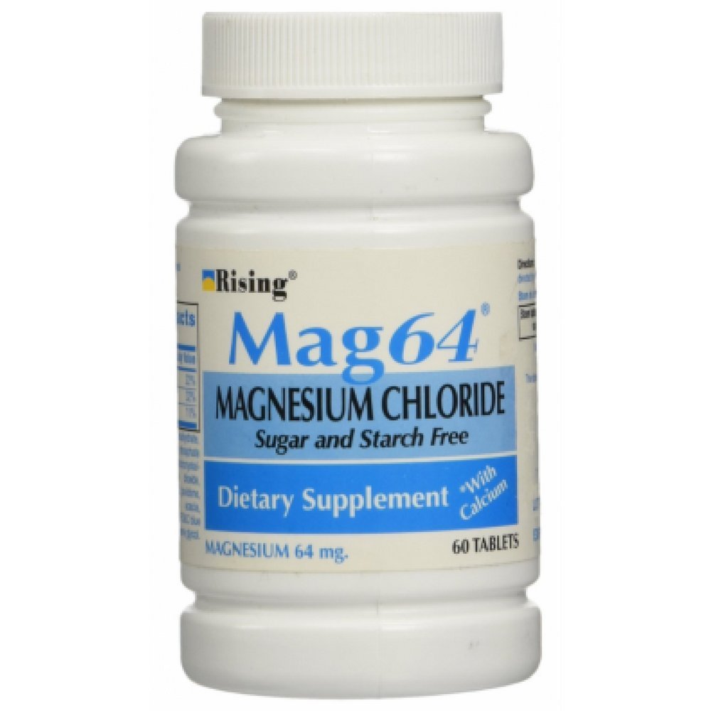 Rising Mag64 bottle with magnesium chloride calcium tablets, easy-to-swallow daily mineral supplement.