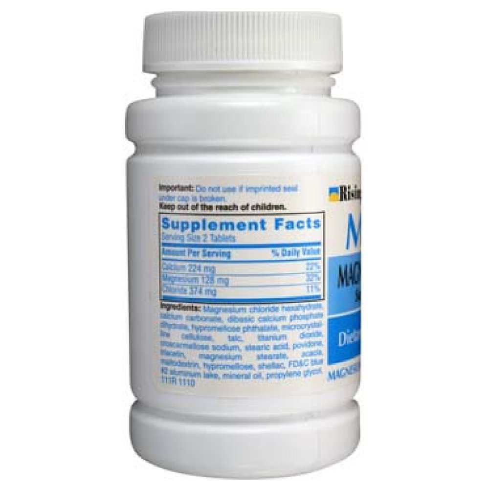 Rising Mag64 label close-up highlighting the magnesium and calcium blend for daily use.