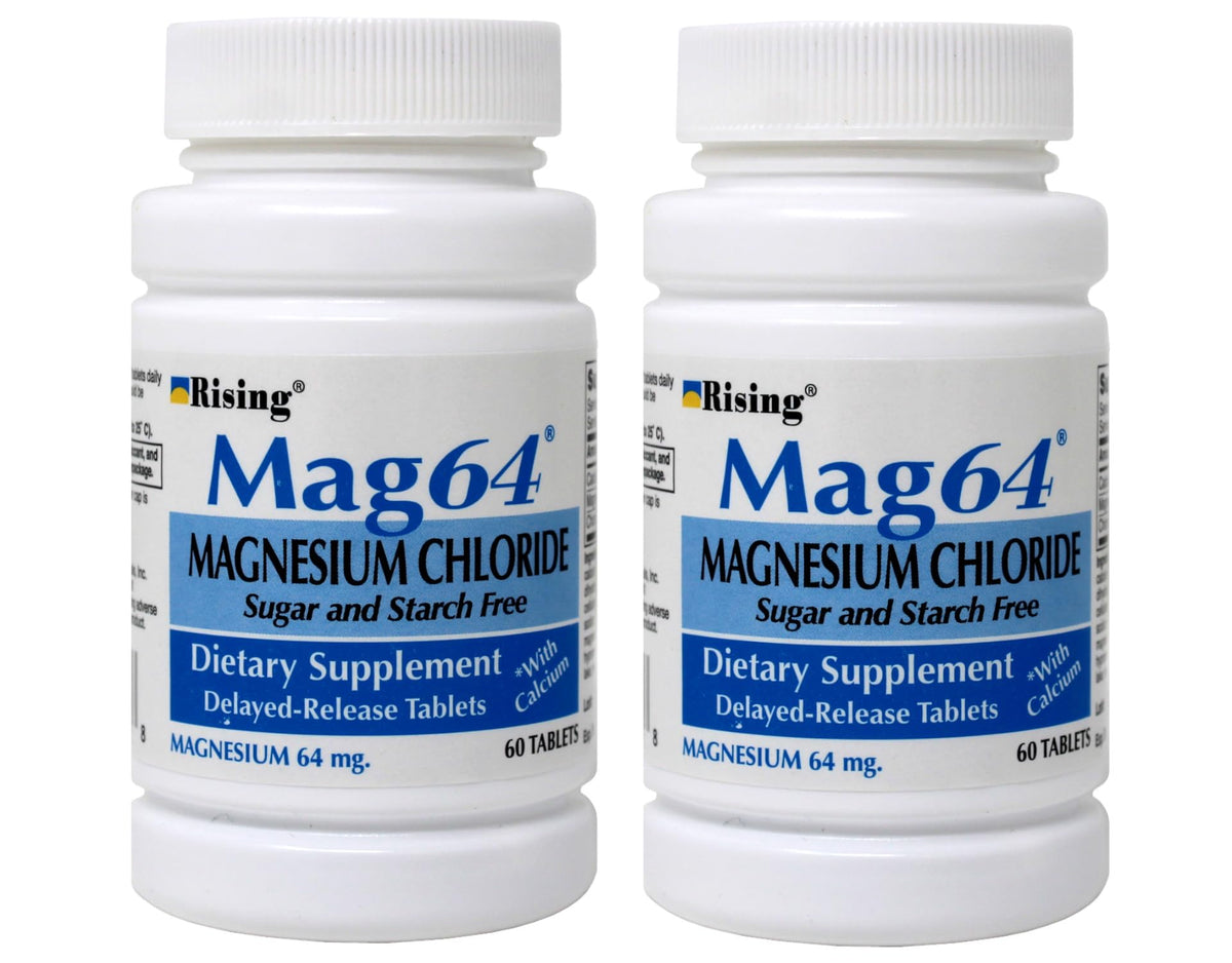 Rising Mag64 bottle with magnesium chloride delayed-release tablets for steady absorption
