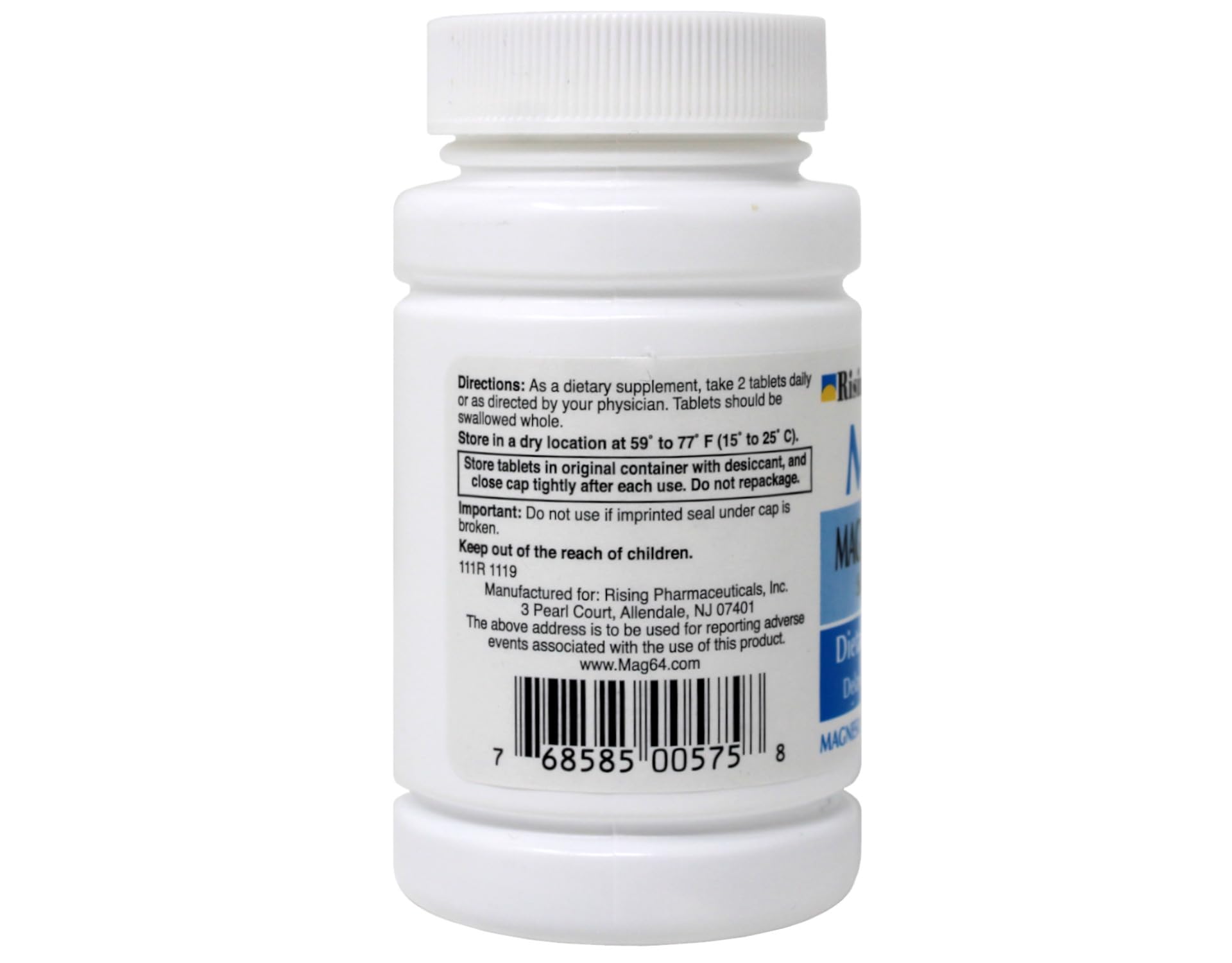 Closeup of Rising Mag64 tablets highlighting compact, enteric-coated design