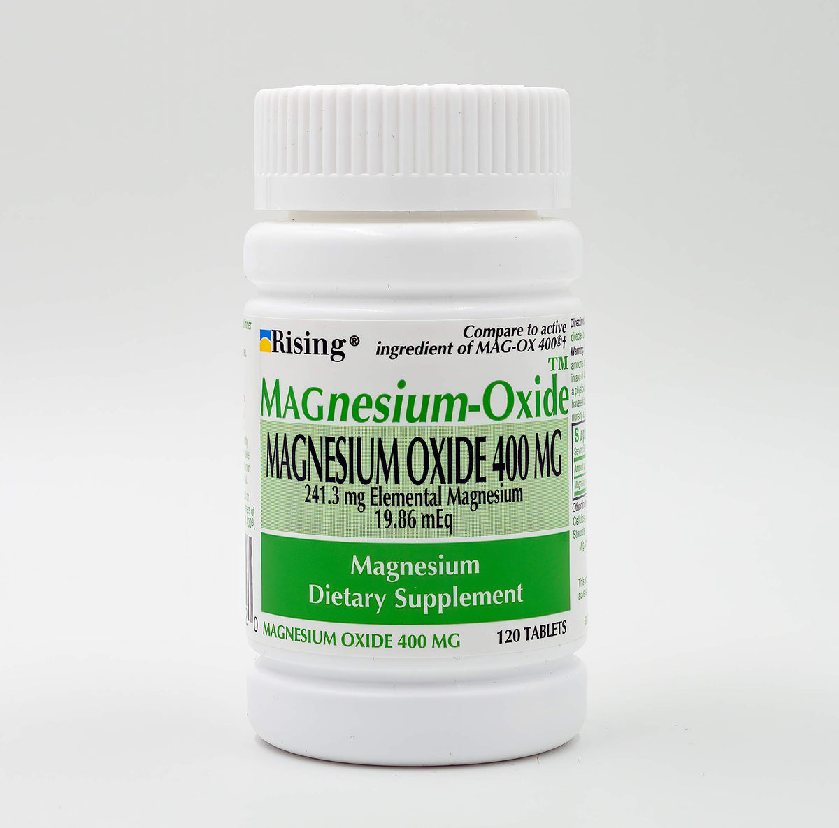 Rising Magnesium Oxide 400mg bottle front supports daily mineral balance.