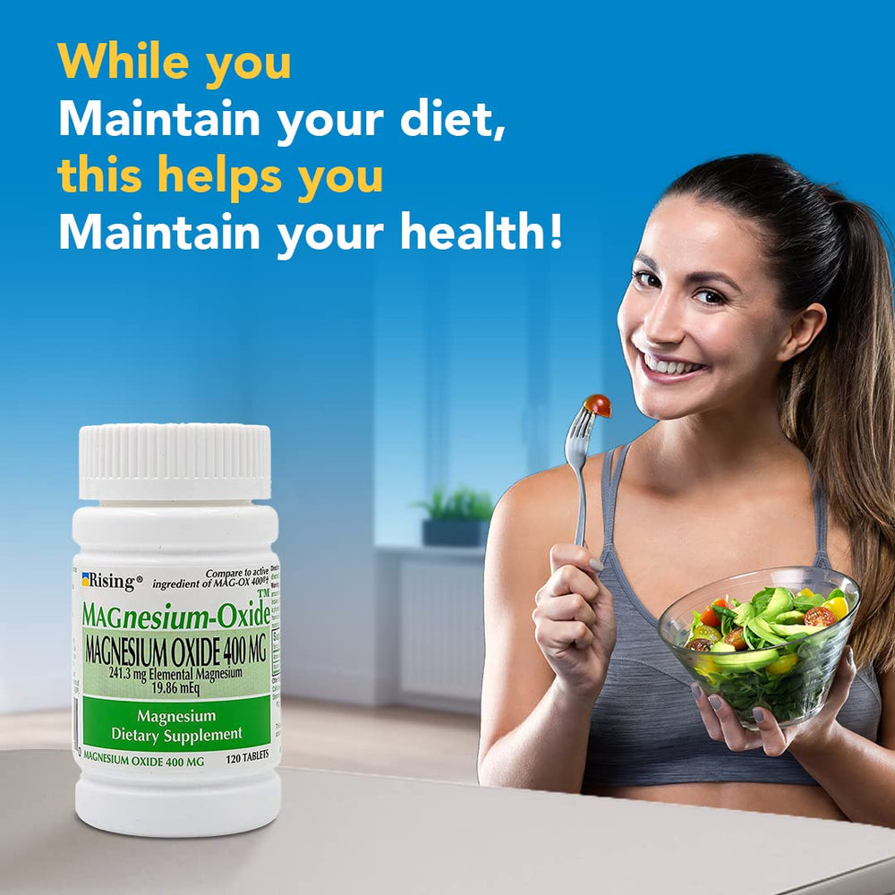 Rising Magnesium Oxide 400mg capsules on background for easy dosing.