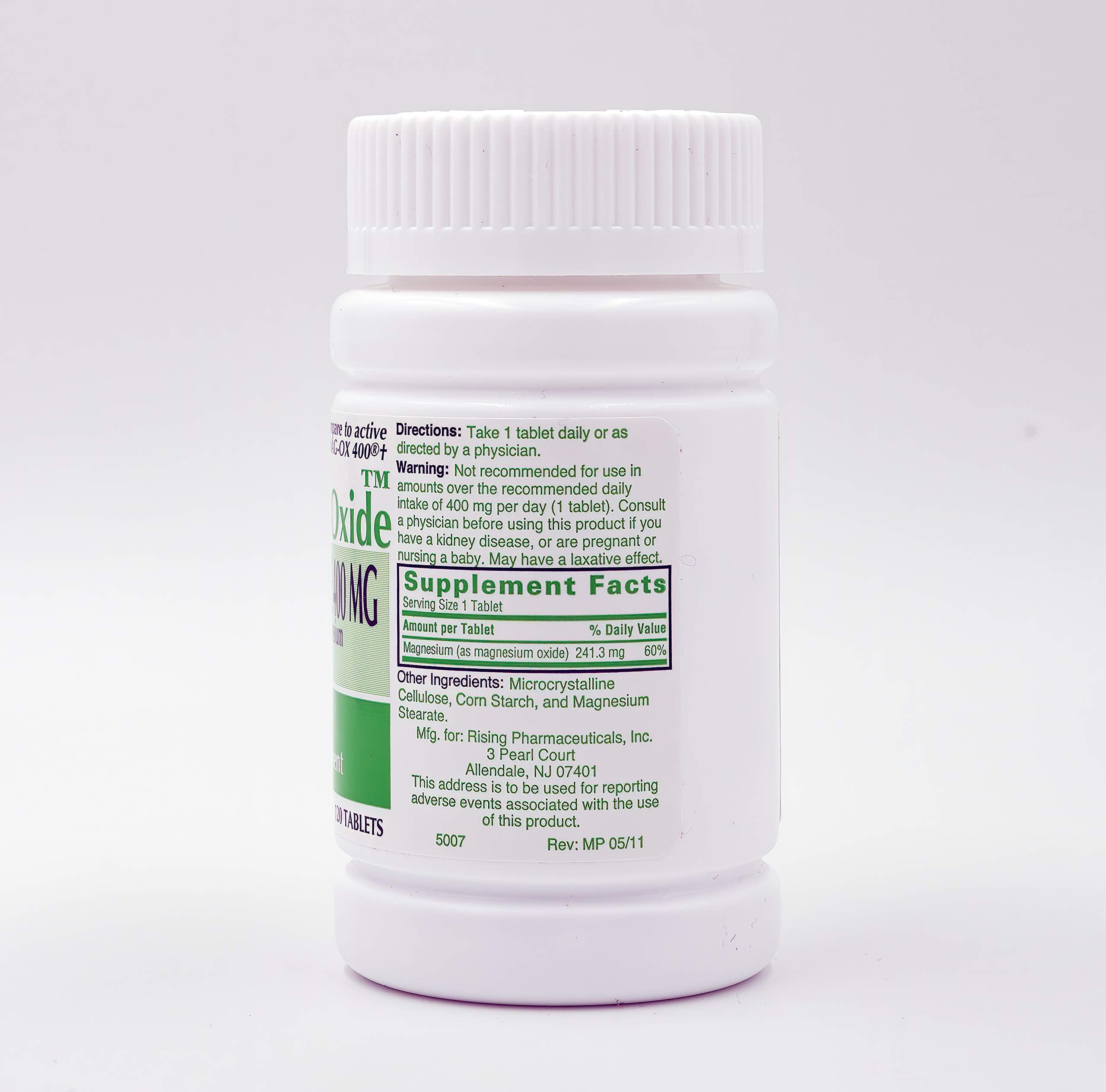 Rising Magnesium Oxide 400mg label closeup shows product details.
