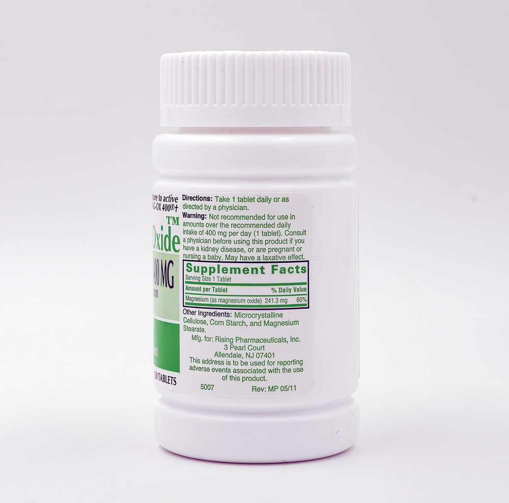 Rising Magnesium Oxide 400mg label closeup shows product details.