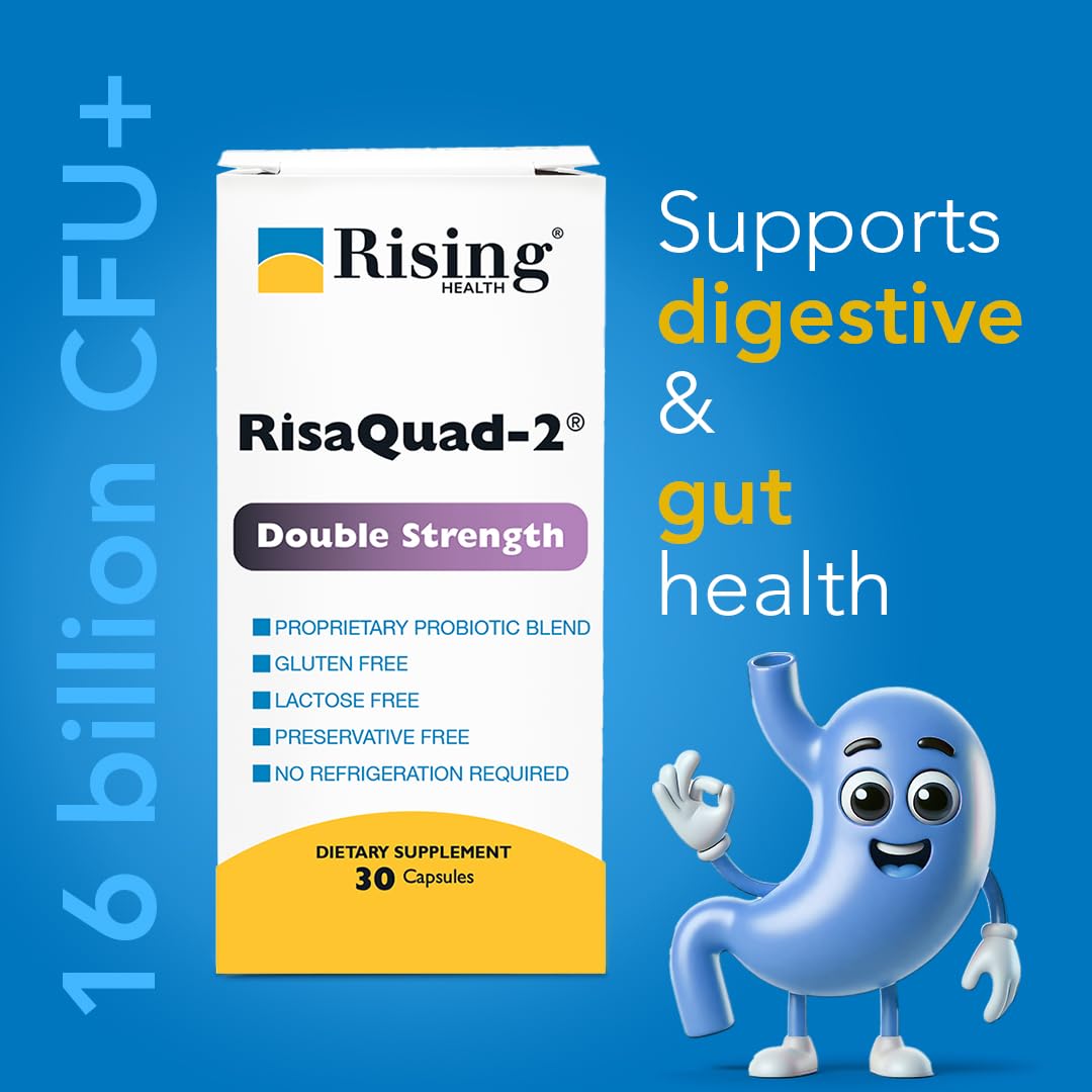 Rising Risaquad-2 probiotic label back shows allergen-free and daily use.
