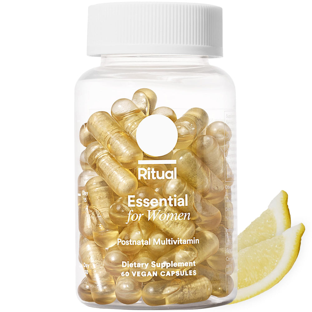 Ritual Essential postnatal bottle close-up showing daily nutrient support for new mothers
