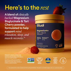 Ritual Magnesium+ label close-up emphasizing tart cherry and science-backed formula.