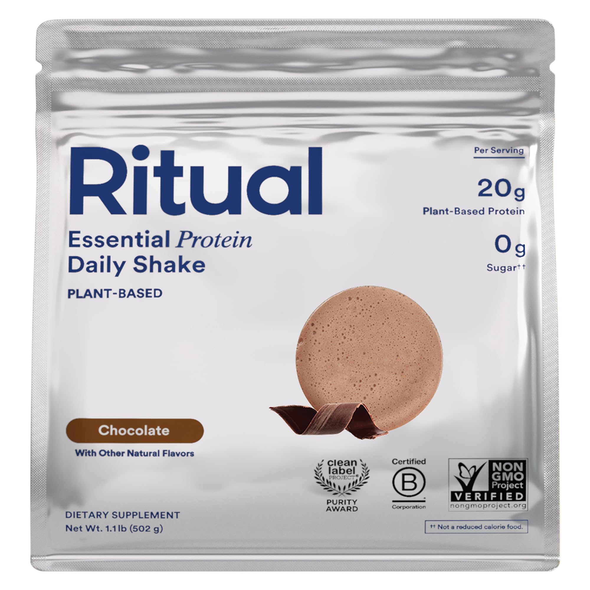 Ritual pea protein chocolate powder in 1 lb tub for smooth shakes