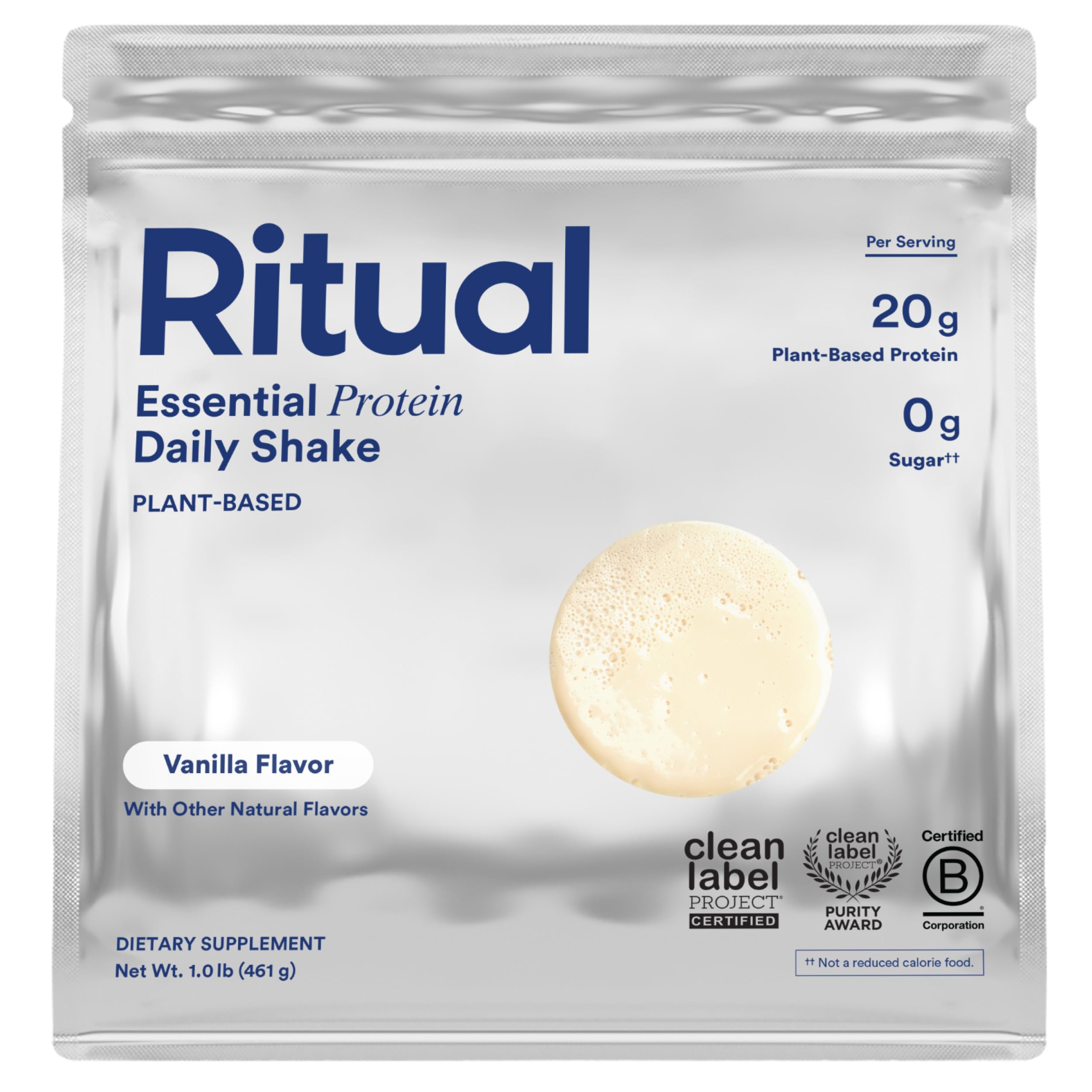 Ritual pea protein vanilla powder bottle showing 20g protein per serving for daily workouts