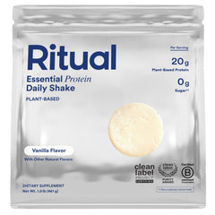 Ritual pea protein vanilla powder bottle showing 20g protein per serving for daily workouts