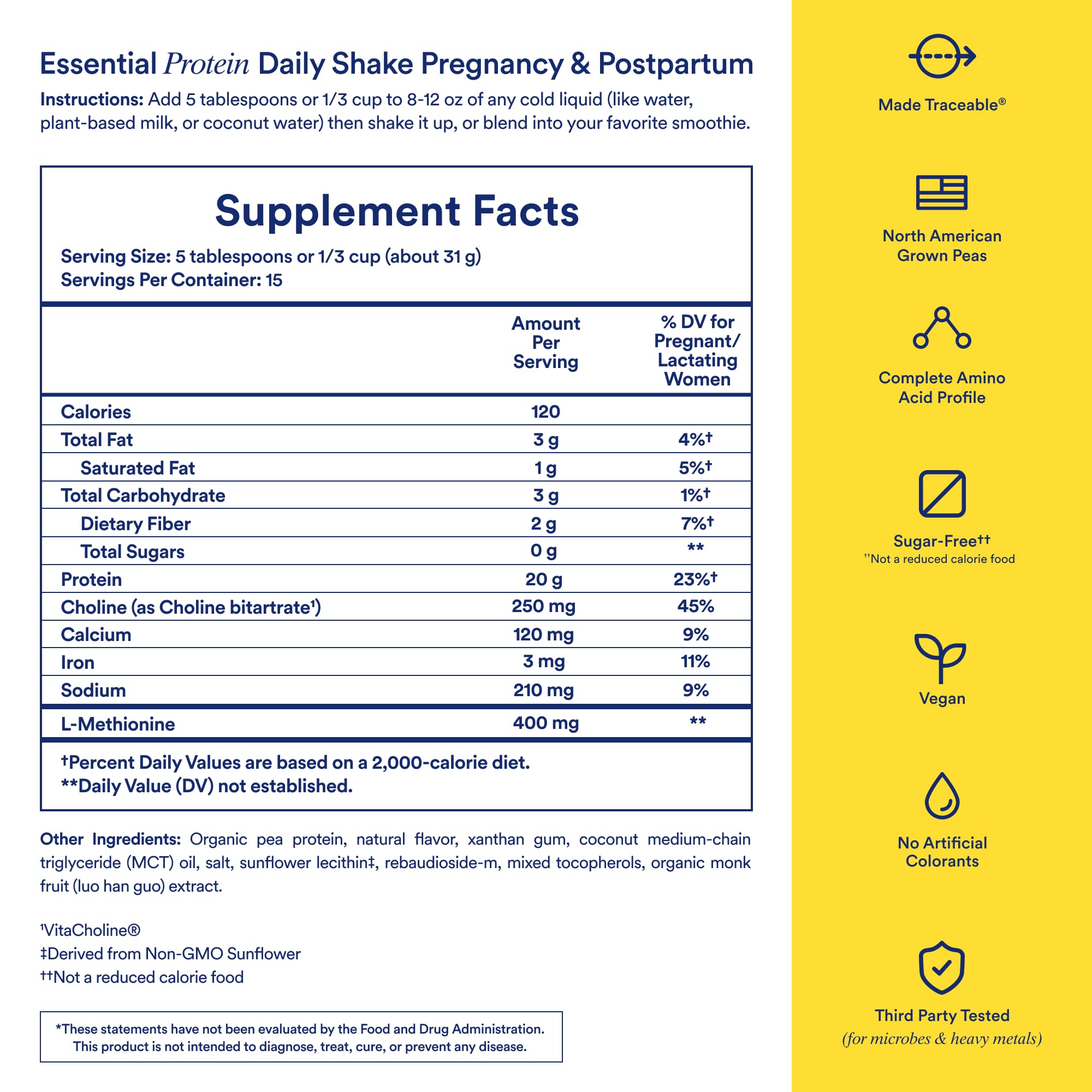 Ritual Prenatal ingredient label highlights pea protein from regenerative USA farms.