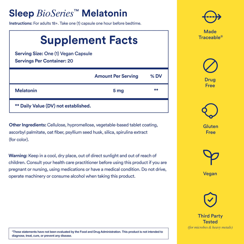 Ritual Sleep Bioseries Melatonin capsules close-up showing vegan, drug-free formula.