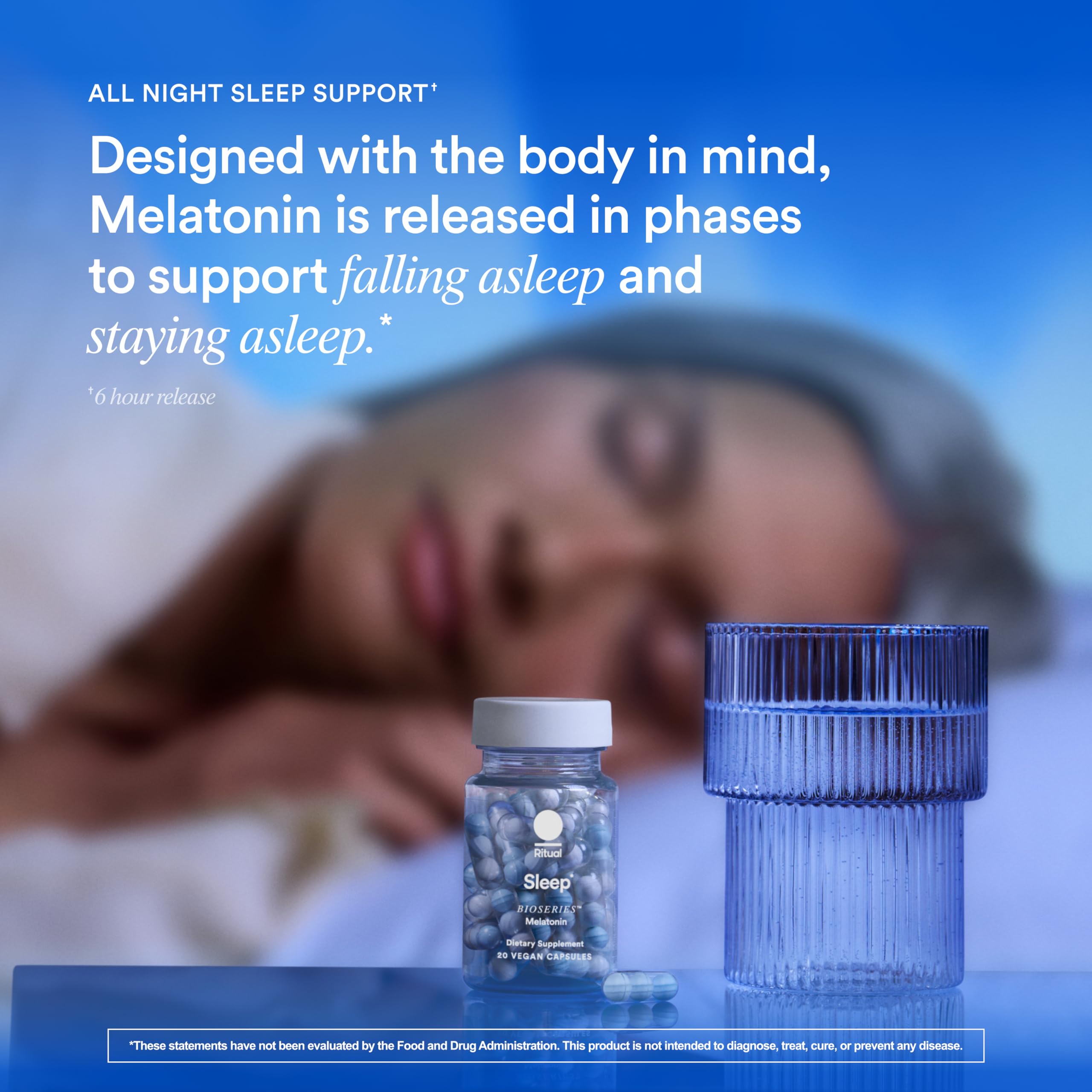 Ritual Sleep Bioseries Melatonin night use scene suggesting smoother rest.