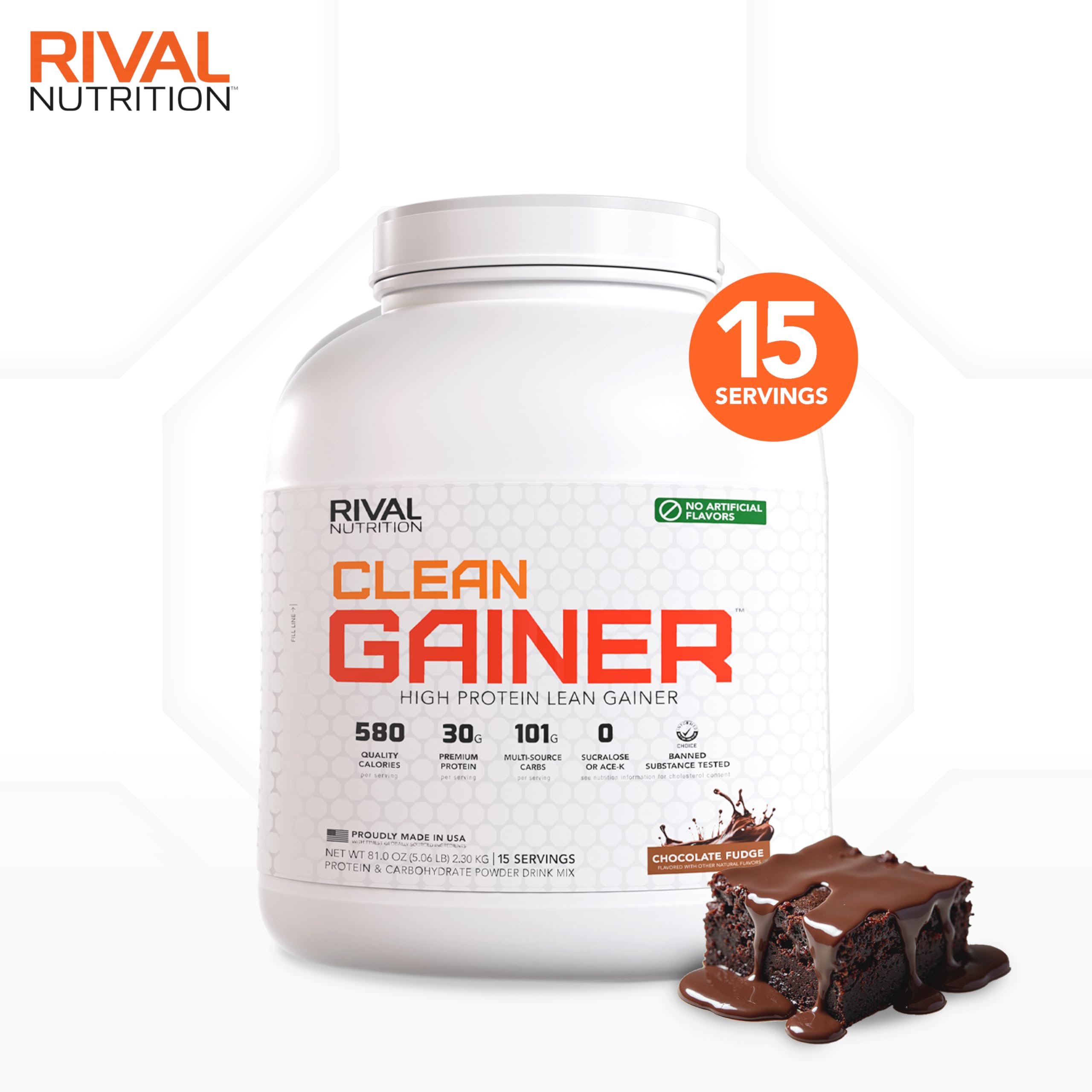 Rival Nutrition Clean Gainer 5 lb tub label highlights clean calories and protein