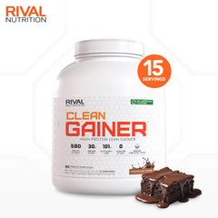 Rival Nutrition Clean Gainer 5 lb tub label highlights clean calories and protein
