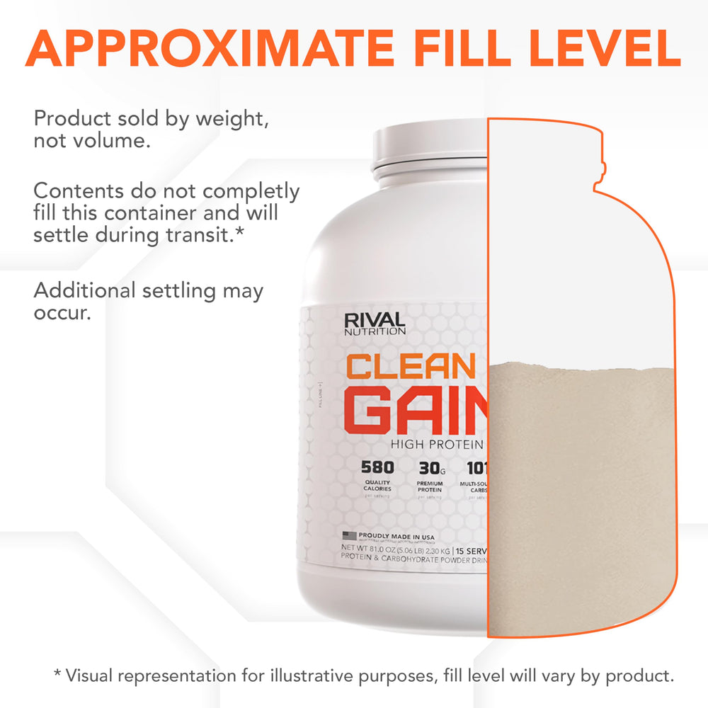 Rival Nutrition Clean Gainer 5 lb tub side view emphasizes value for athletes
