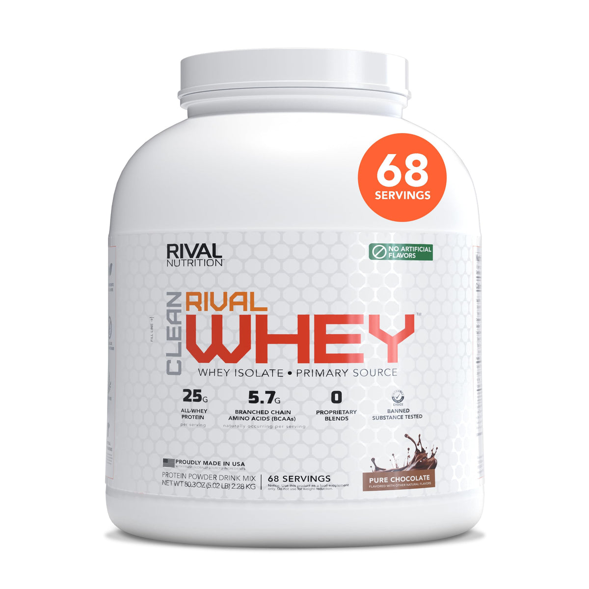 Rival Nutrition Clean Rival Whey chocolate tub shows lean muscle support with high protein