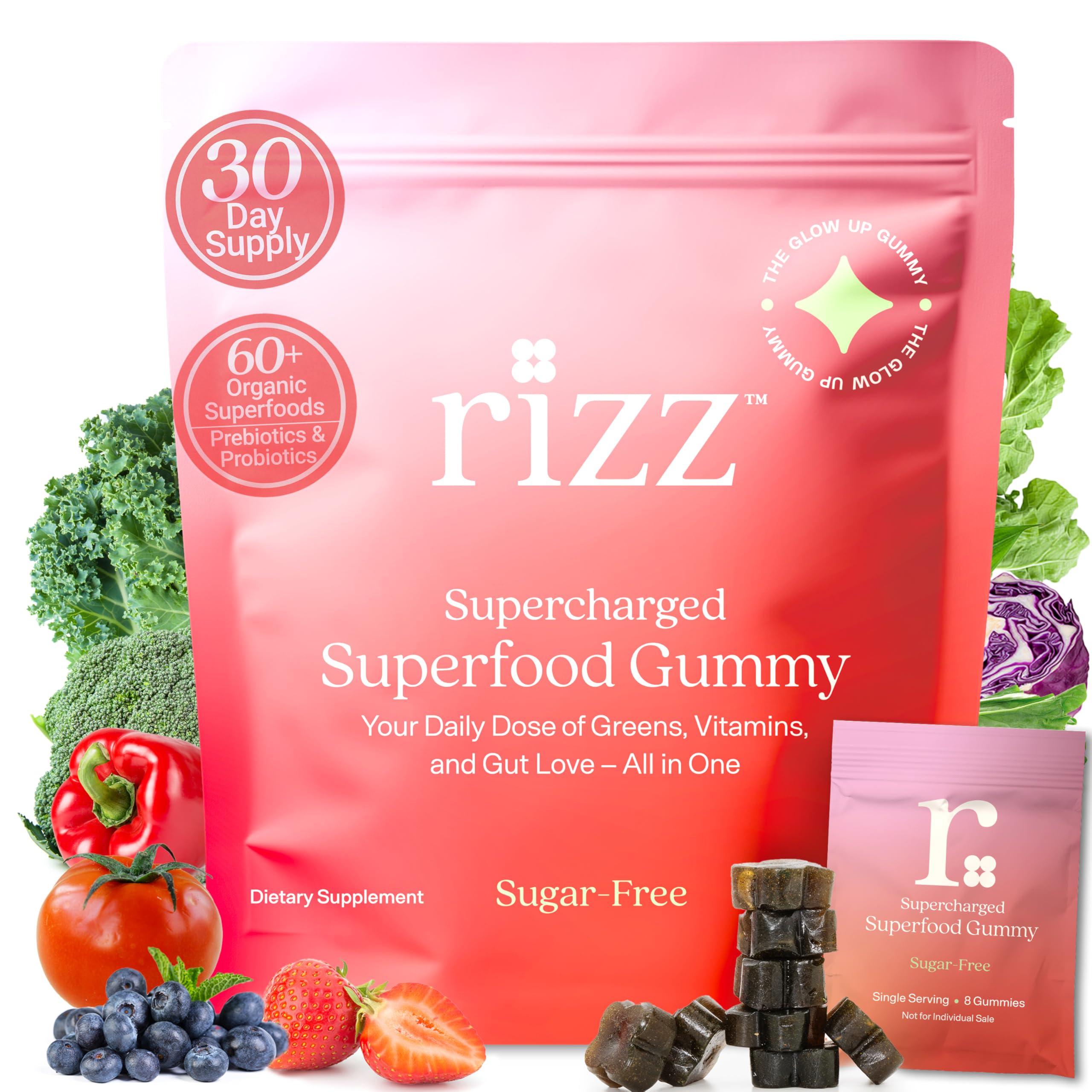 Green Man Rizz Rizz Sugar-Free Green Gummies — 60+ Superfoods, 6g Fiber, Probiotic ...