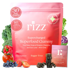 Rizz Green Gummies bottle front showing sugar-free vegan nutrition for daily wellness.