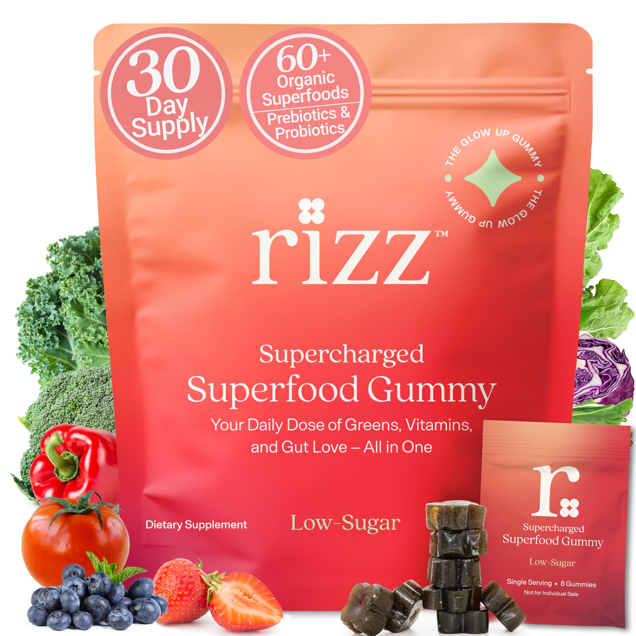 Green Light Rizz Rizz Low Sugar Green Gummies - 60+ Superfoods, 6g Fiber, Probiotic & P ...